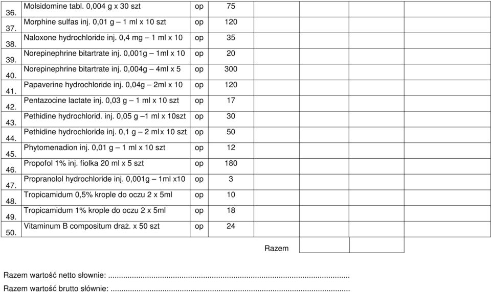 0,04g 2ml x 10 op 120 Pentazocine lactate inj. 0,03 g 1 ml x 10 szt op 17 Pethidine hydrochlorid. inj. 0,05 g 1 ml x 10szt op 30 Pethidine hydrochloride inj.