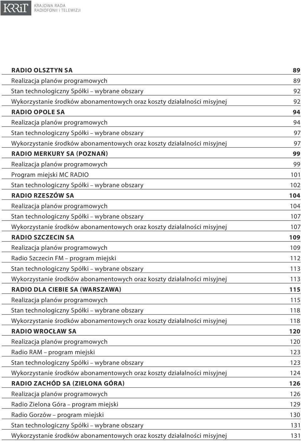 planów programowych 99 Program miejski MC RADIO 101 Stan technologiczny Spółki wybrane obszary 102 Radio Rzeszów SA 104 Realizacja planów programowych 104 Stan technologiczny Spółki wybrane obszary