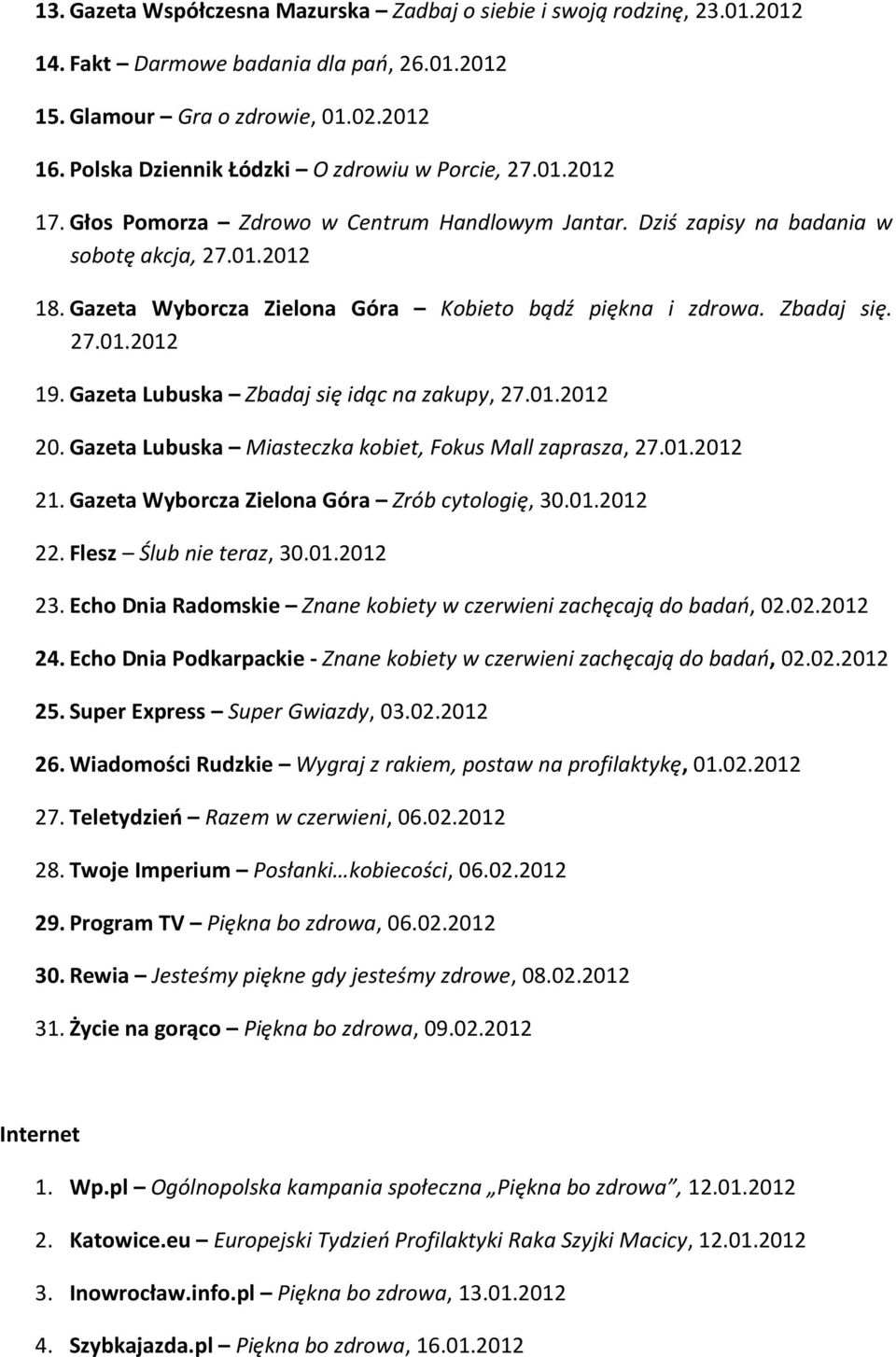 Gazeta Wyborcza Zielona Góra Kobieto bądź piękna i zdrowa. Zbadaj się. 27.01.2012 19. Gazeta Lubuska Zbadaj się idąc na zakupy, 27.01.2012 20.