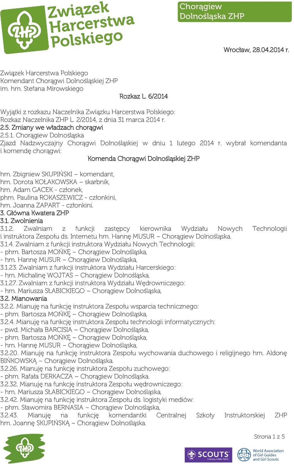 wybrał komendanta i komendę chorągwi: Komenda Chorągwi Dolnośląskiej ZHP hm. Zbigniew SKUPIŃSKI komendant, hm. Dorota KOŁAKOWSKA skarbnik, hm. Adam GACEK - członek, phm.