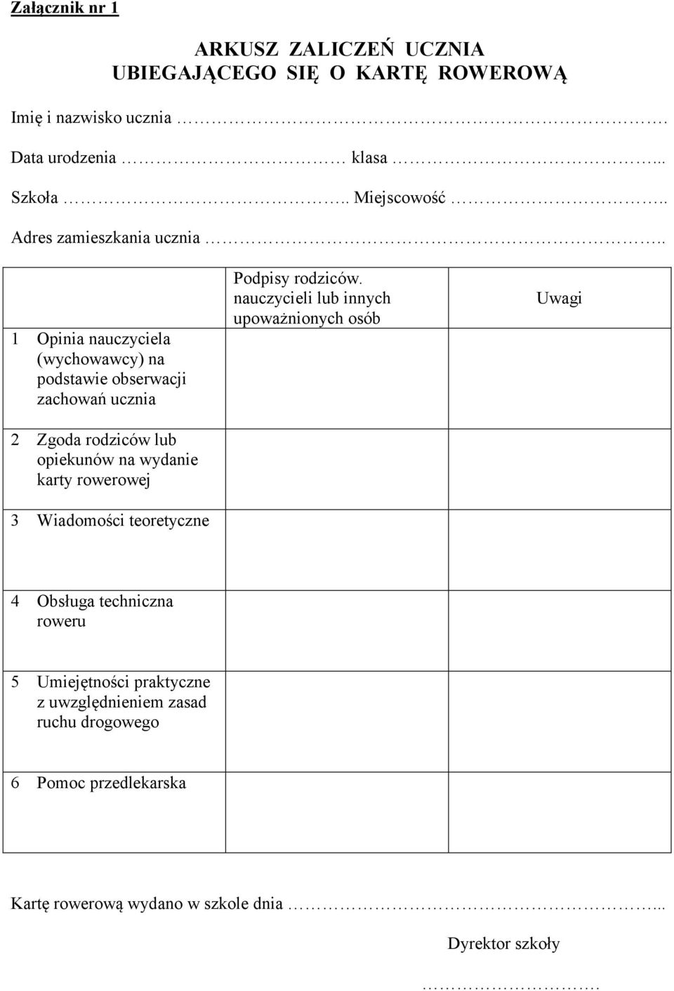 . 1 Opinia nauczyciela (wychowawcy) na podstawie obserwacji zachowań ucznia 2 Zgoda rodziców lub opiekunów na wydanie karty rowerowej 3