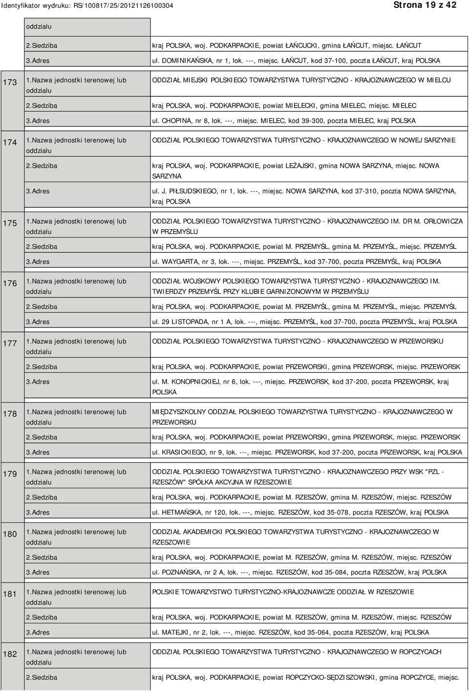 CHOPINA, nr 8, lok. ---, miejsc. MIELEC, kod 39-300, poczta MIELEC, kraj 174 ODDZIAŁ POLSKIEGO TOWARZYSTWA TURYSTYCZNO - KRAJOZNAWCZEGO W NOWEJ SARZYNIE kraj, woj.