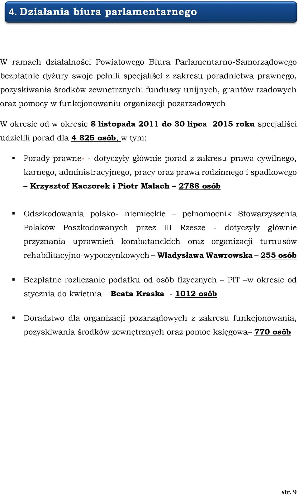 4 825 osób, w tym: Porady prawne- - dotyczyły głównie porad z zakresu prawa cywilnego, karnego, administracyjnego, pracy oraz prawa rodzinnego i spadkowego Krzysztof Kaczorek i Piotr Malach 2788 osób