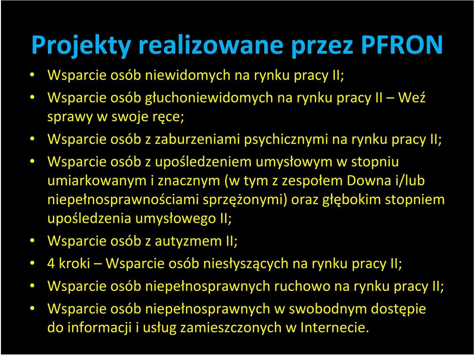 niepełnosprawnościami sprzężonymi) oraz głębokim stopniem upośledzenia umysłowego II; Wsparcie osób z autyzmem II; 4 kroki Wsparcie osób niesłyszących na rynku