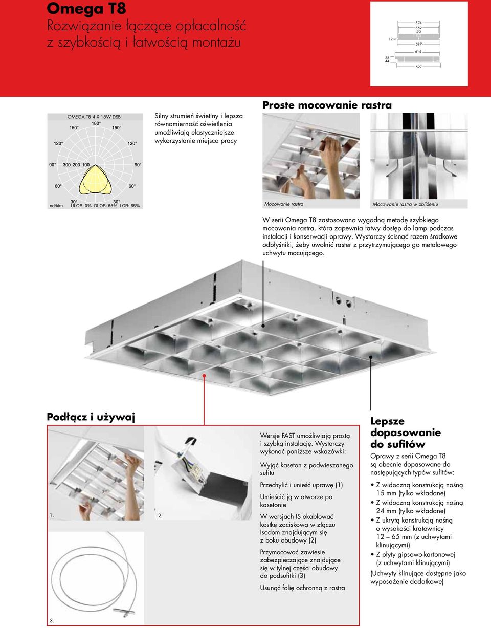szybkiego mocowania rastra, która zapewnia łatwy dostęp do lamp podczas instalacji i konserwacji oprawy.