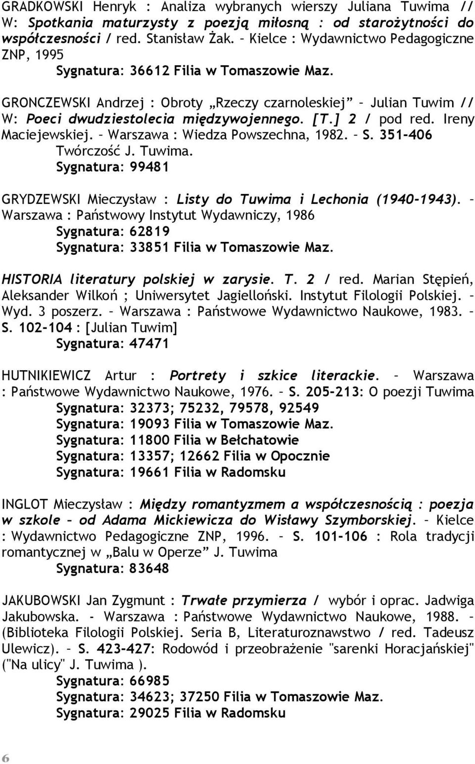 ] 2 / pod red. Ireny Maciejewskiej. Warszawa : Wiedza Powszechna, 1982. S. 351-406 Twórczość J. Tuwima. Sygnatura: 99481 GRYDZEWSKI Mieczysław : Listy do Tuwima i Lechonia (1940-1943).