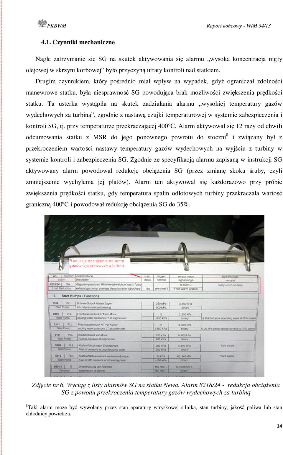 Ta usterka wystąpiła na skutek zadziałania alarmu wysokiej temperatury gazów wydechowych za turbiną, zgodnie z nastawą czujki temperaturowej w systemie zabezpieczenia i kontroli SG, tj.