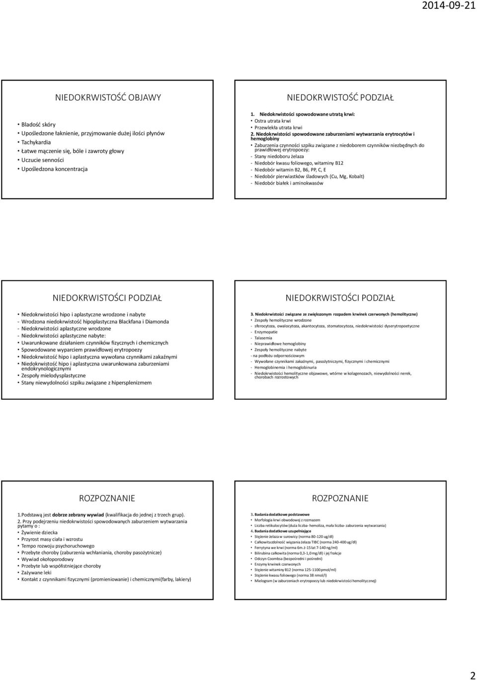 Niedokrwistości spowodowane zaburzeniami wytwarzania erytrocytów i hemoglobiny Zaburzenia czynności szpiku związane z niedoborem czynników niezbędnych do prawidłowej erytropoezy: - Stany niedoboru