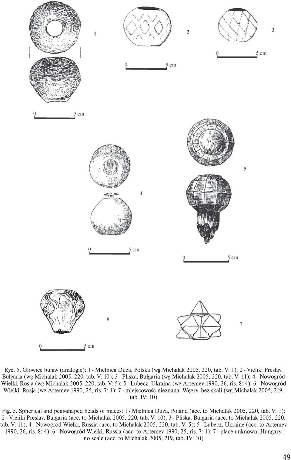 8: 4); 6 - Nowogród Wielki, Rosja (wg Artemev 1990, 25, ris. 7: 1); 7 - miejscowość nieznana, Węgry, bez skali (wg Michalak 2005, 219, tab. IV: 10) Fig. 5.