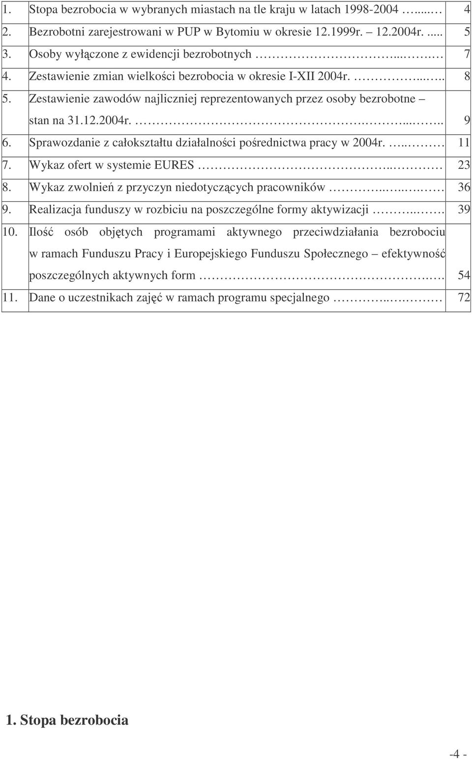 Zestawienie zawodów najliczniej reprezentowanych przez osoby bezrobotne stan na 31.12.2004r....... 9 6. Sprawozdanie z całokształtu działalnoci porednictwa pracy w 2004r... 11 7.