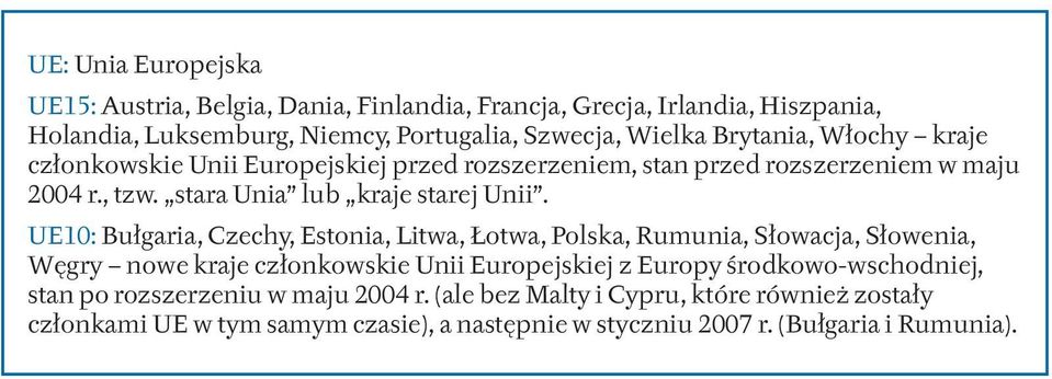 UE10: Bułgaria, Czechy, Estonia, Litwa, Łotwa, Polska, Rumunia, Słowacja, Słowenia, Węgry nowe kraje członkowskie Unii Europejskiej z Europy