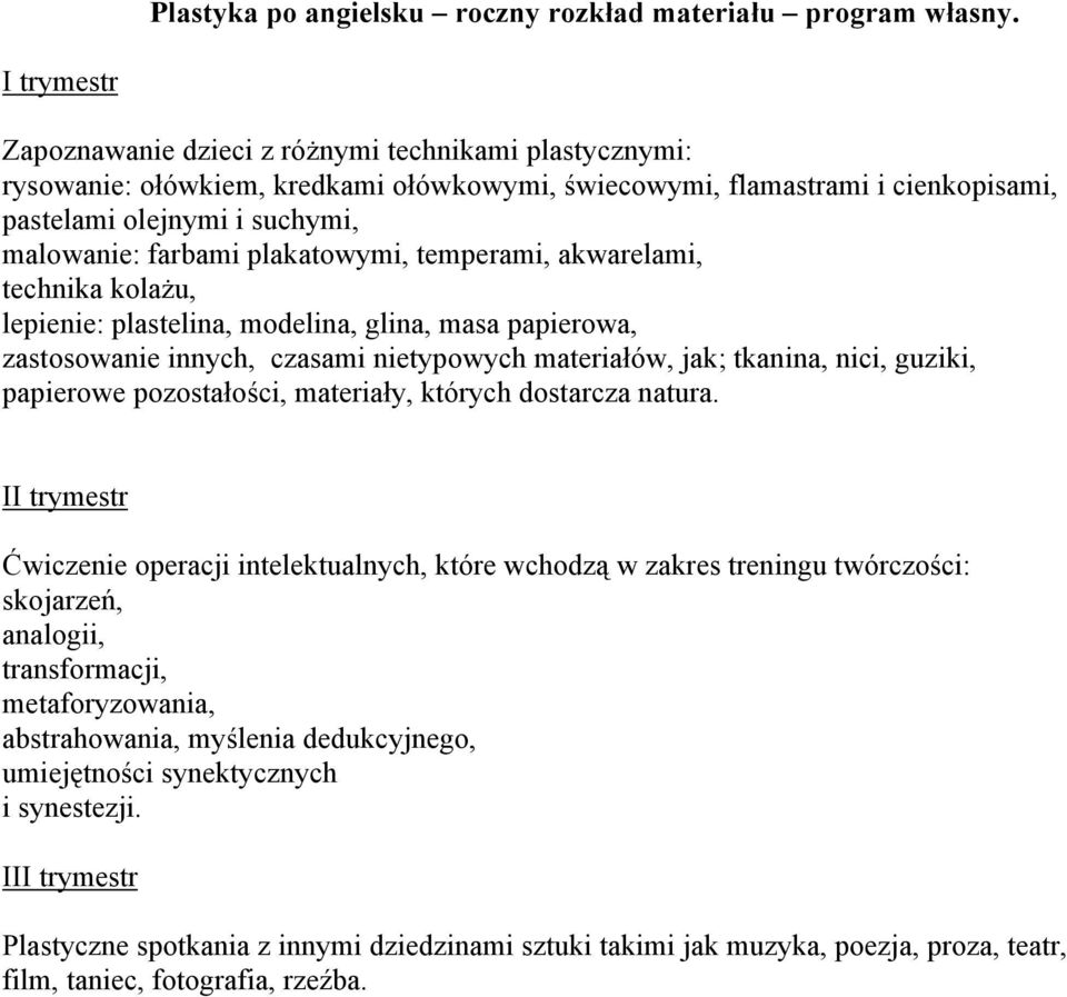 plakatowymi, temperami, akwarelami, technika kolażu, lepienie: plastelina, modelina, glina, masa papierowa, zastosowanie innych, czasami nietypowych materiałów, jak; tkanina, nici, guziki, papierowe