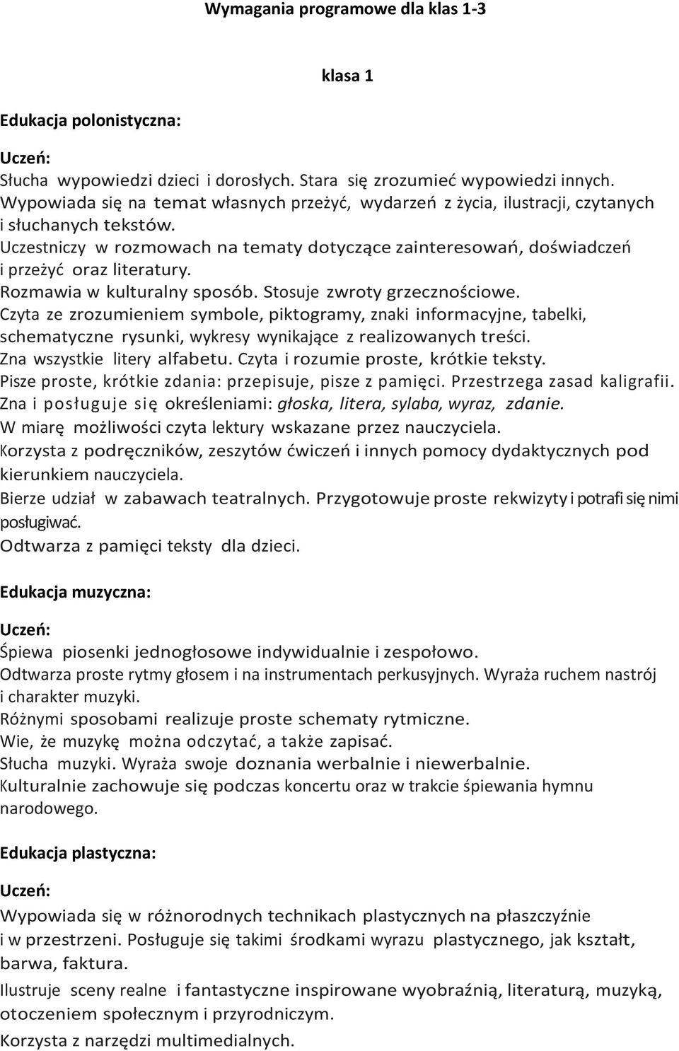 Rozmawia w kulturalny sposób. Stosuje zwroty grzecznościowe. Czyta ze zrozumieniem symbole, piktogramy, znaki informacyjne, tabelki, schematyczne rysunki, wykresy wynikające z realizowanych treści.