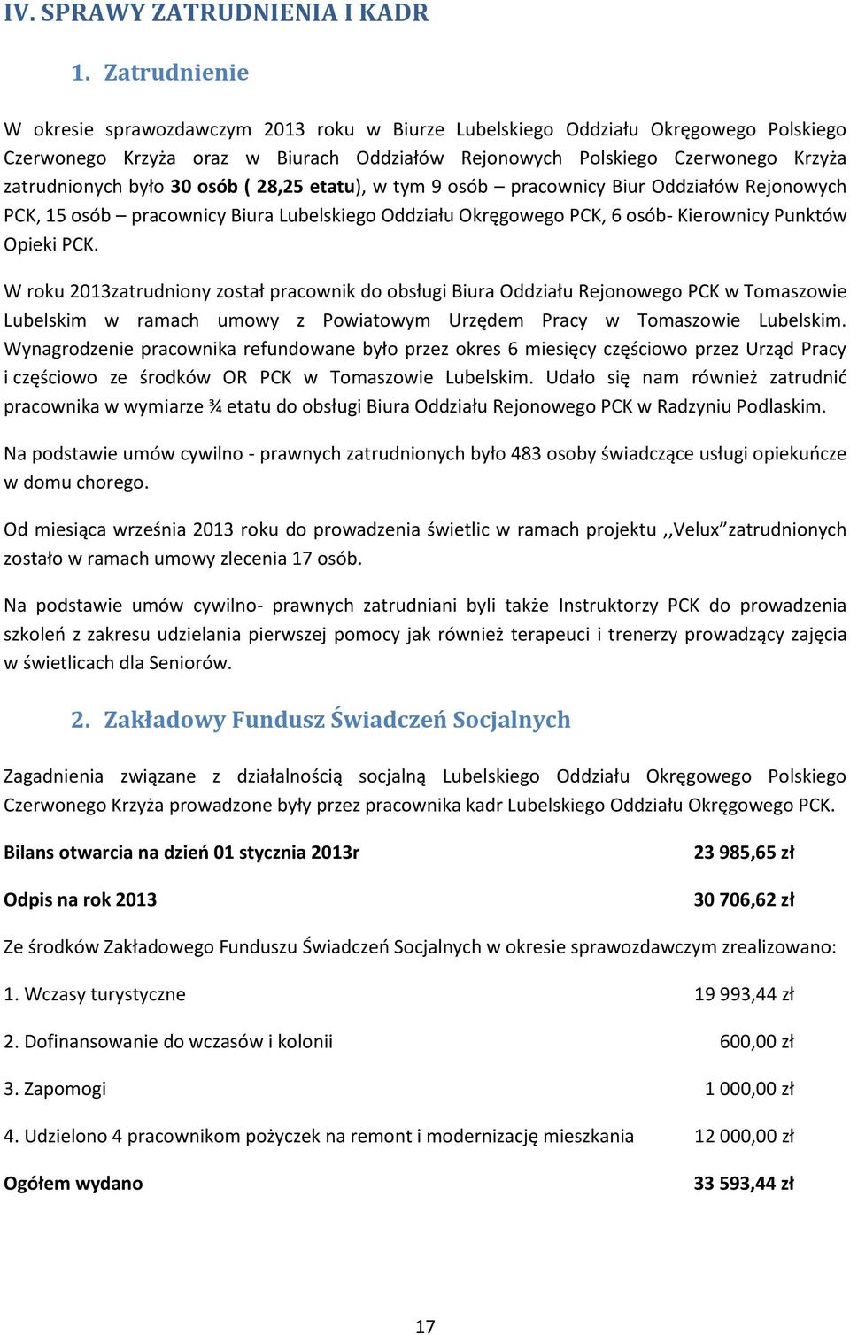 30 osób ( 28,25 etatu), w tym 9 osób pracownicy Biur Oddziałów Rejonowych PCK, 15 osób pracownicy Biura Lubelskiego Oddziału Okręgowego PCK, 6 osób- Kierownicy Punktów Opieki PCK.