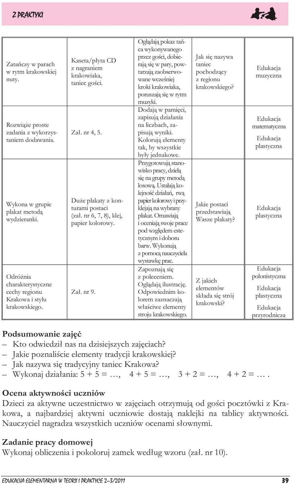 nr 6, 7, 8), klej, papier kolorowy. Zał. nr 9. Oglądają pokaz tańca wykonywanego przez gości, dobierają się w pary, powtarzają zaobserwowane wcześniej kroki krakowiaka, poruszają się w rytm muzyki.