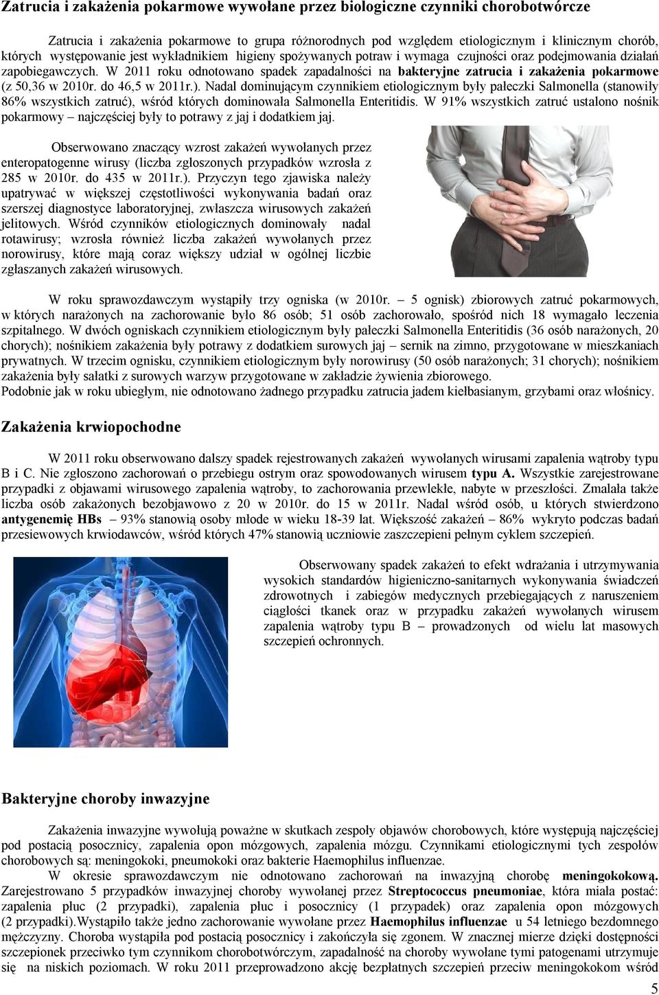 W 2011 roku odnotowano spadek zapadalności na bakteryjne zatrucia i zakażenia pokarmowe (z 50,36 w 2010r. do 46,5 w 2011r.).