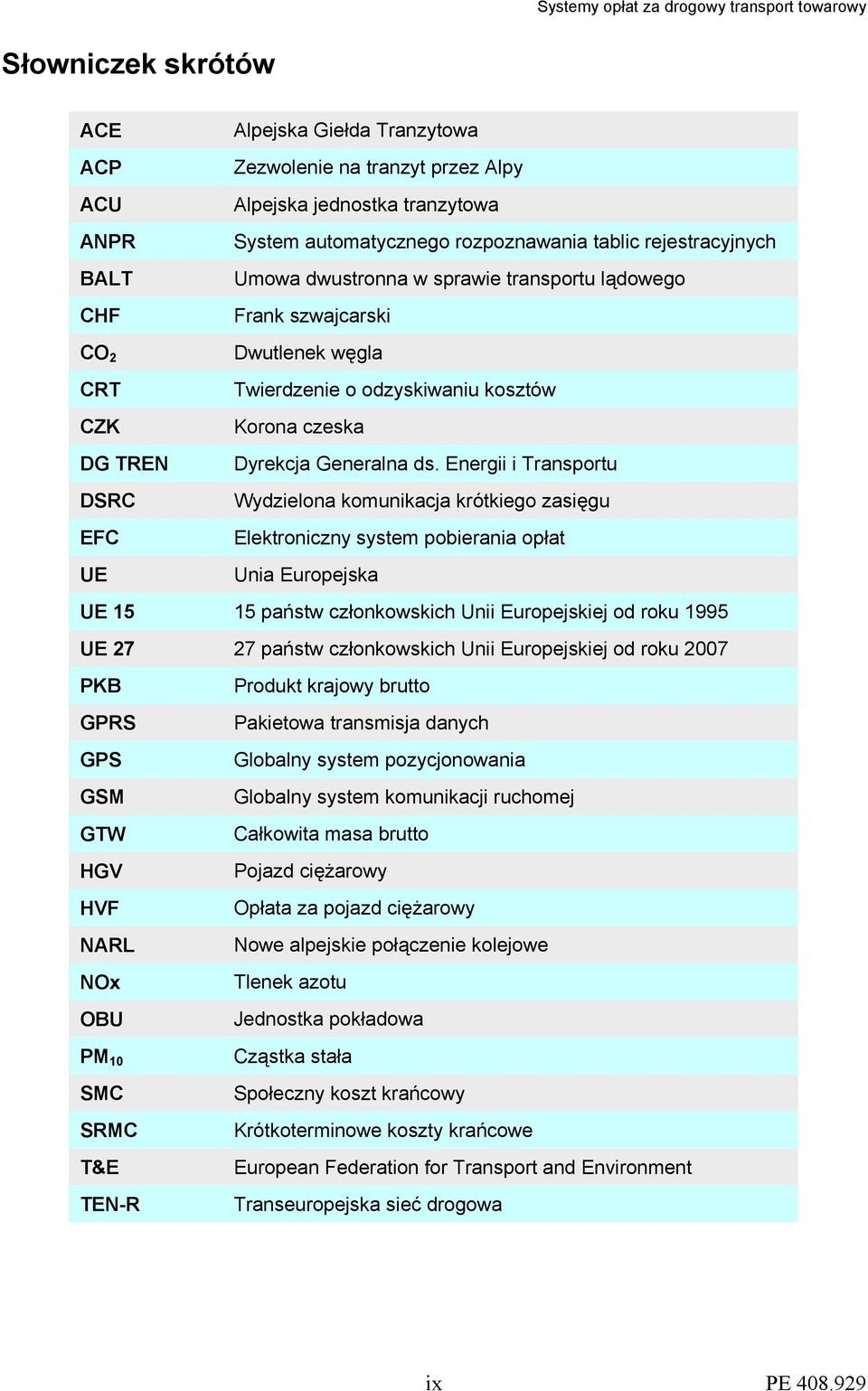 Energii i Transportu DSRC Wydzielona komunikacja krótkiego zasięgu EFC Elektroniczny system pobierania opłat UE Unia Europejska UE 15 15 państw członkowskich Unii Europejskiej od roku 1995 UE 27 27