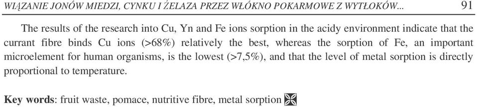 fibre binds Cu ions (>68%) relatively the best, whereas the sorption of Fe, an important microelement for human