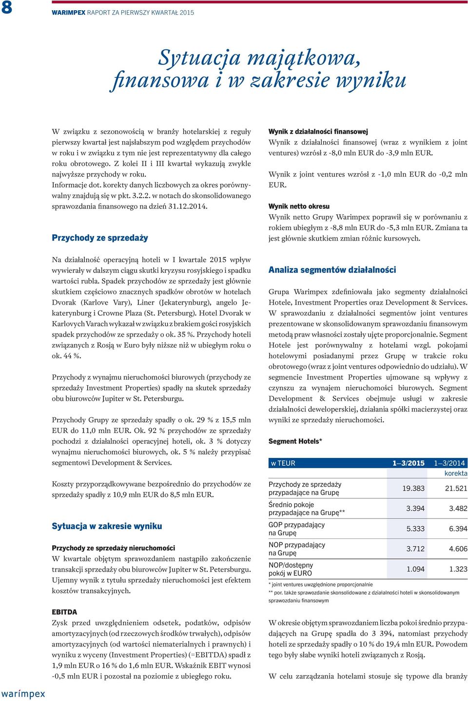 korekty danych liczbowych za okres porównywalny znajdują się w pkt. 3.2.2. w notach do skonsolidowanego sprawozdania finansowego na dzień 31.12.2014.