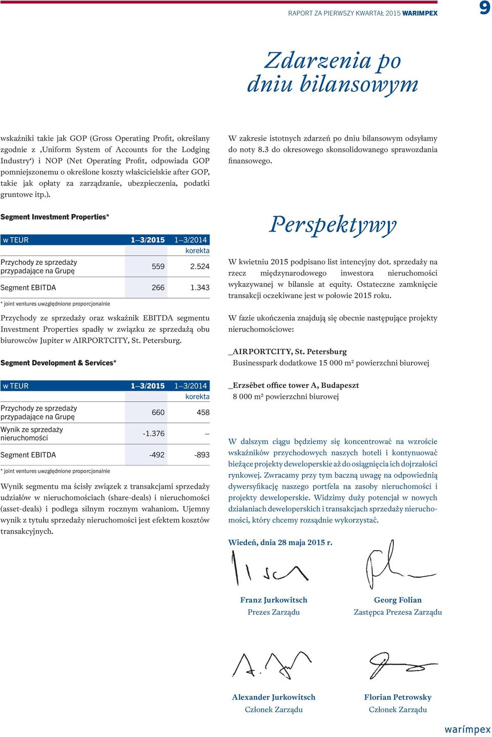 Segment Investment Properties* w TEUR 1 3/2015 1 3/2014 Przychody ze sprzedaży przypadające na Grupę 559 2.524 Segment EBITDA 266 1.