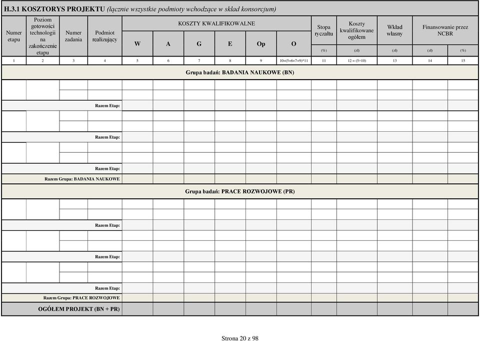 (zł) (zł) (%) 1 2 3 4 5 6 7 8 9 10=(5+6+7+9)*11 11 12 = (5 10) 13 14 15 Grupa badań: BADANIA NAUKOWE (BN) Razem Etap: Razem Etap: Razem Etap: Razem