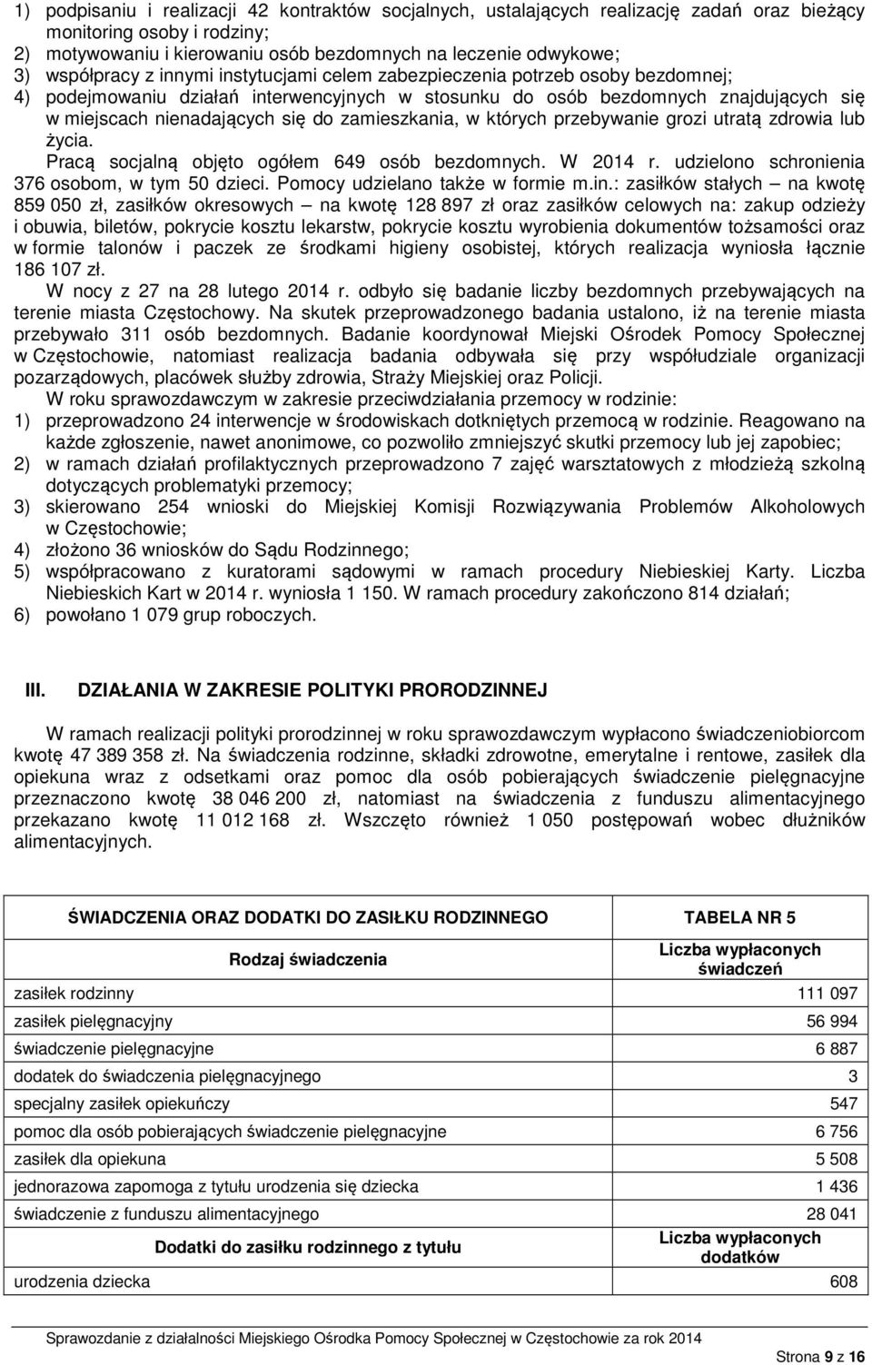 zamieszkania, w których przebywanie grozi utratą zdrowia lub życia. Pracą socjalną objęto ogółem 649 osób bezdomnych. W 2014 r. udzielono schronienia 376 osobom, w tym 50 dzieci.