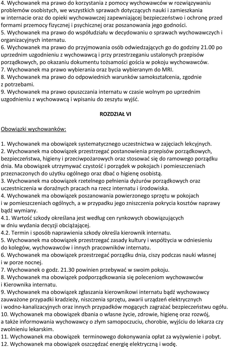 Wychowanek ma prawo do współudziału w decydowaniu o sprawach wychowawczych i organizacyjnych internatu. 6. Wychowanek ma prawo do przyjmowania osób odwiedzających go do godziny 21.