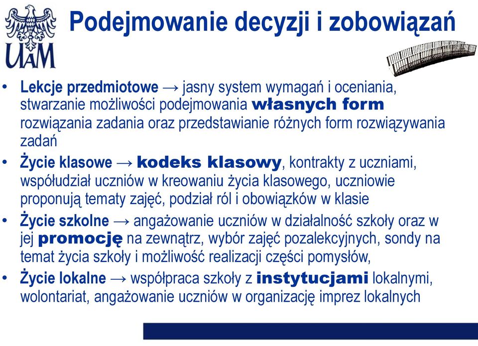 tematy zajęć, podział ról i obowiązków w klasie Życie szkolne angażowanie uczniów w działalność szkoły oraz w jej promocję na zewnątrz, wybór zajęć pozalekcyjnych, sondy