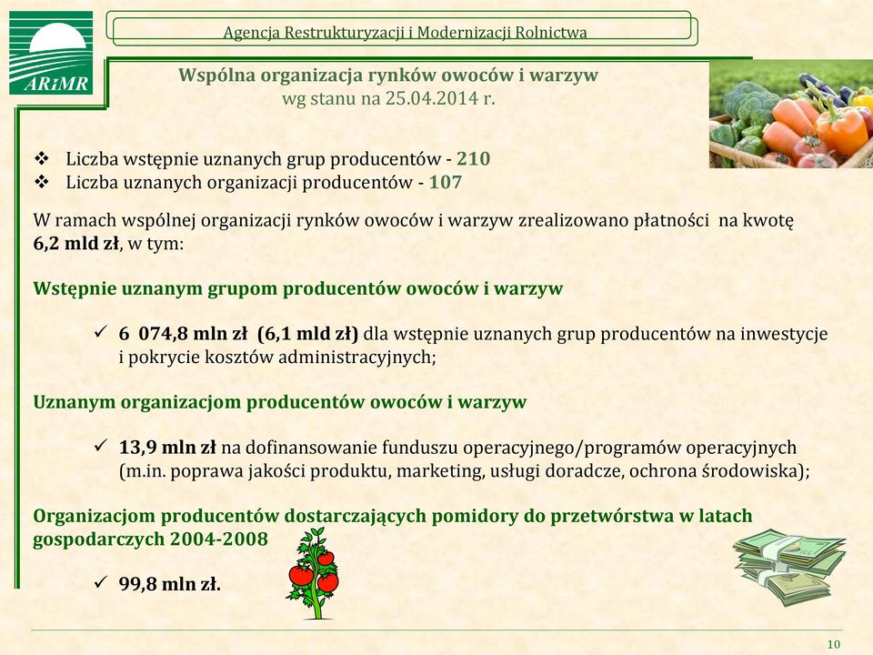 zł, w tym: Wstępnie uznanym grupom producentów owoców i warzyw 6 074,8 mln zł (6,1 mld zł) dla wstępnie uznanych grup producentów na inwestycje i pokrycie kosztów administracyjnych; Uznanym