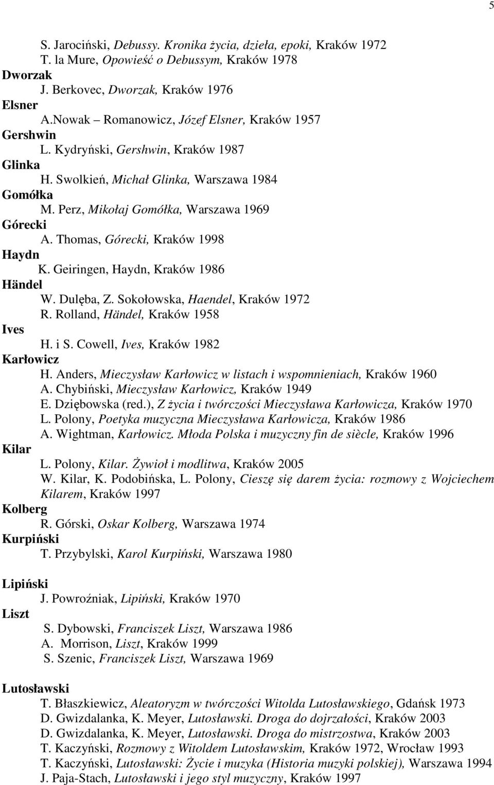 Thomas, Górecki, Kraków 1998 Haydn K. Geiringen, Haydn, Kraków 1986 Händel W. Dulęba, Z. Sokołowska, Haendel, Kraków 1972 R. Rolland, Händel, Kraków 1958 Ives H. i S.