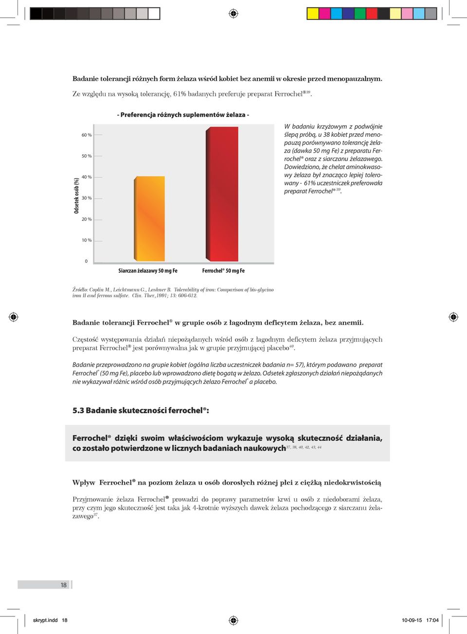 mg Fe) z preparatu Ferrochel oraz z siarczanu żelazawego. Dowiedziono, że chelat aminokwasowy żelaza był znacząco lepiej tolerowany - 61% uczestniczek preferowała preparat Ferrochel 39.