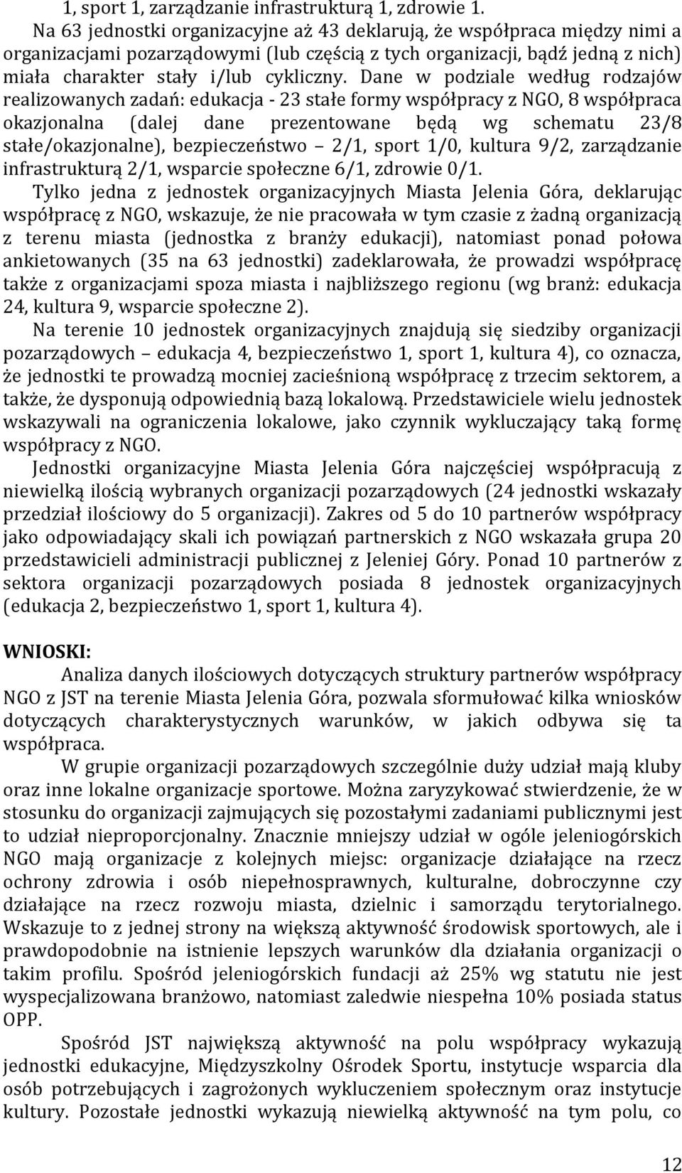 Dane w podziale według rodzajów realizowanych zadań: edukacja - 23 stałe formy współpracy z NGO, 8 współpraca okazjonalna (dalej dane prezentowane będą wg schematu 23/8 stałe/okazjonalne),