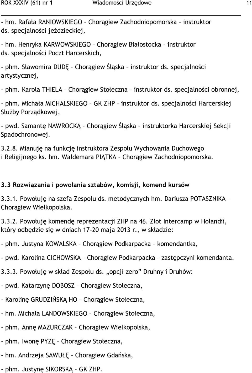 Karola THIELA Chorągiew Stołeczna instruktor ds. specjalności obronnej, - phm. Michała MICHALSKIEGO GK ZHP instruktor ds. specjalności Harcerskiej Służby Porządkowej, - pwd.