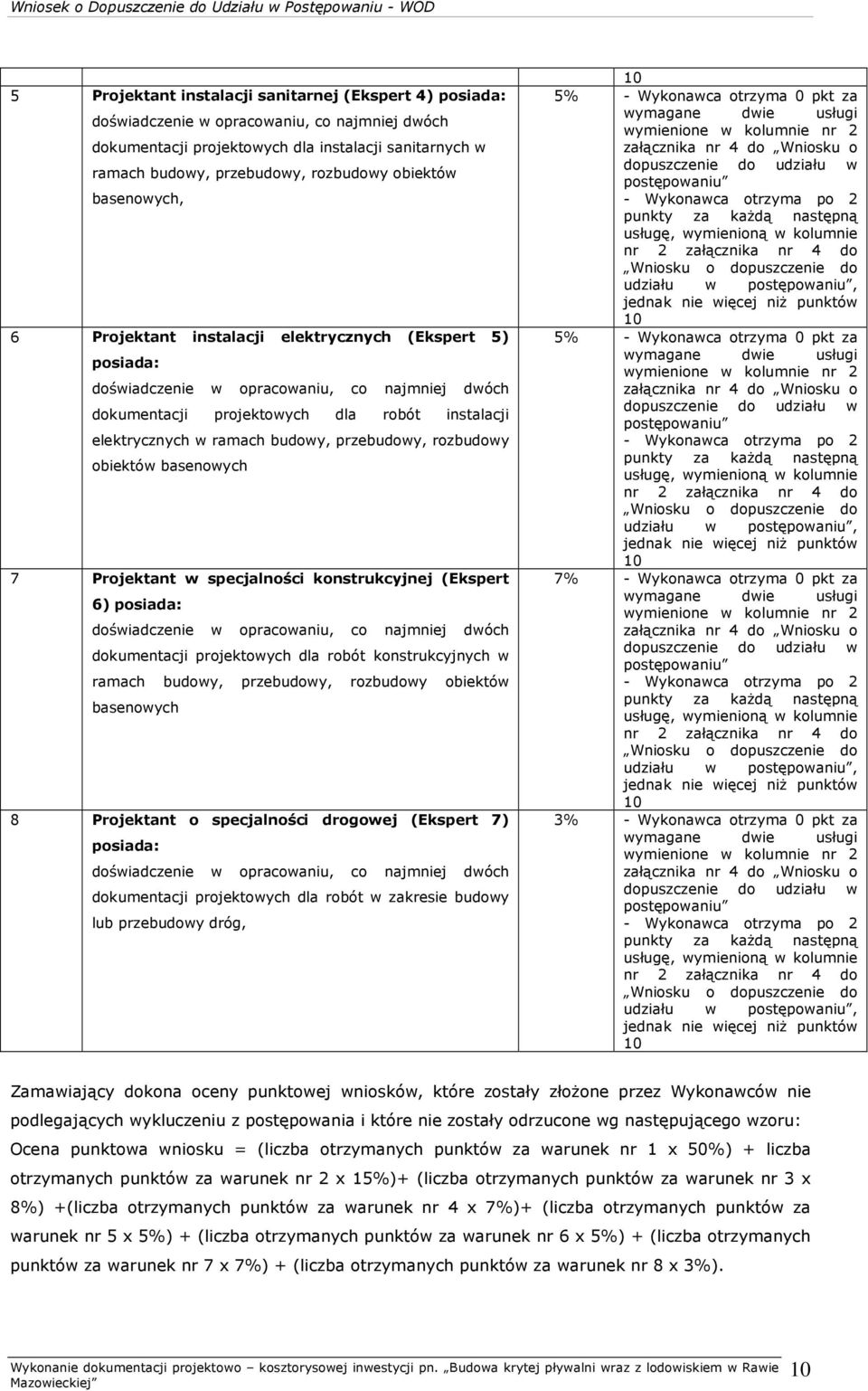 budowy, przebudowy, rozbudowy obiektów basenowych 7 Projektant w specjalności konstrukcyjnej (Ekspert 6) posiada: doświadczenie w opracowaniu, co najmniej dwóch dokumentacji projektowych dla robót