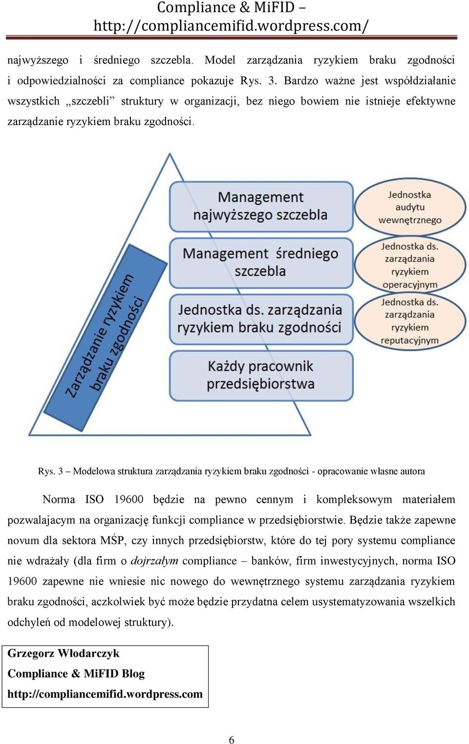 3 Modelowa struktura zarządzania ryzykiem braku zgodności - opracowanie własne autora Norma ISO 19600 będzie na pewno cennym i kompleksowym materiałem pozwalajacym na organizację funkcji compliance w