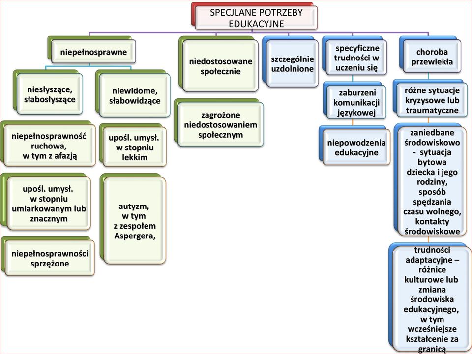 w stopniu lekkim autyzm, w tym z zespołem Aspergera, zagrożone niedostosowaniem społecznym szczególnie uzdolnione specyficzne trudności w uczeniu się choroba przewlekła zaburzeni komunikacji