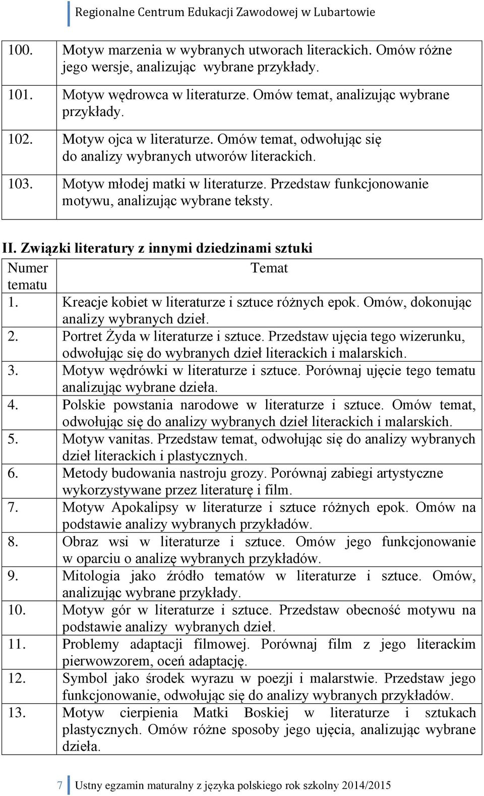 Związki literatury z innymi dziedzinami sztuki Numer Temat tematu 1. Kreacje kobiet w literaturze i sztuce różnych epok. Omów, dokonując analizy wybranych dzieł. 2.