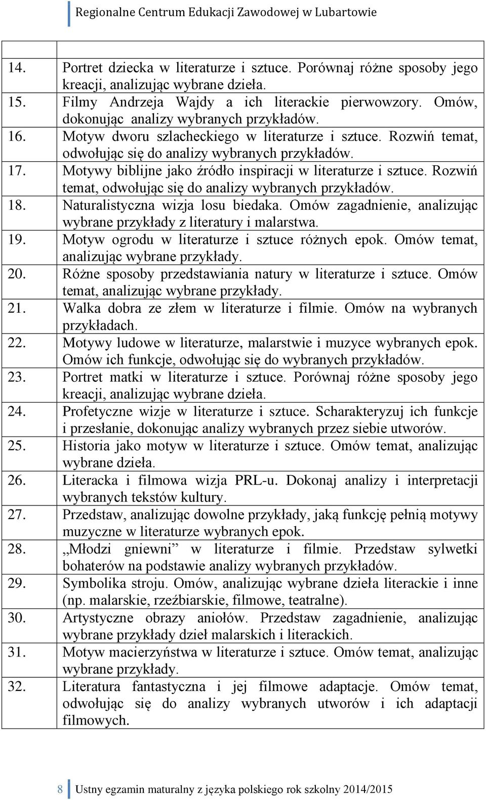 Motywy biblijne jako źródło inspiracji w literaturze i sztuce. Rozwiń temat, odwołując się do analizy wybranych przykładów. 18. Naturalistyczna wizja losu biedaka.