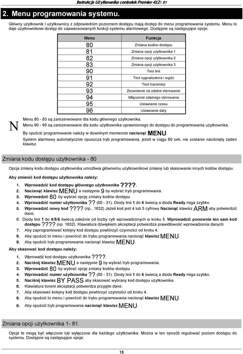 Dostępne są następujące opcje: Menu Funkcja 80 Zmiana kodów dostępu 81 Zmiana opcji użytkownika 1 82 Zmiana opcji użytkownika 2 83 Zmiana opcji użytkownika 3 90 Test linii 91 Test sygnalizatora i