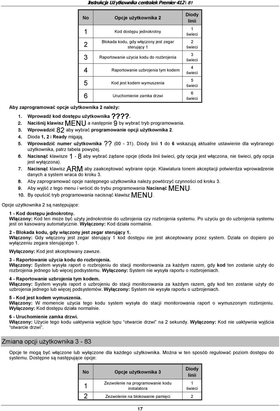 3. Wprowadzić 82 aby wybrać programowanie opcji użytkownika 2. 4. Dioda 1, 2 i Ready migają. 5. Wprowadzić numer użytkownika?? (00-31).