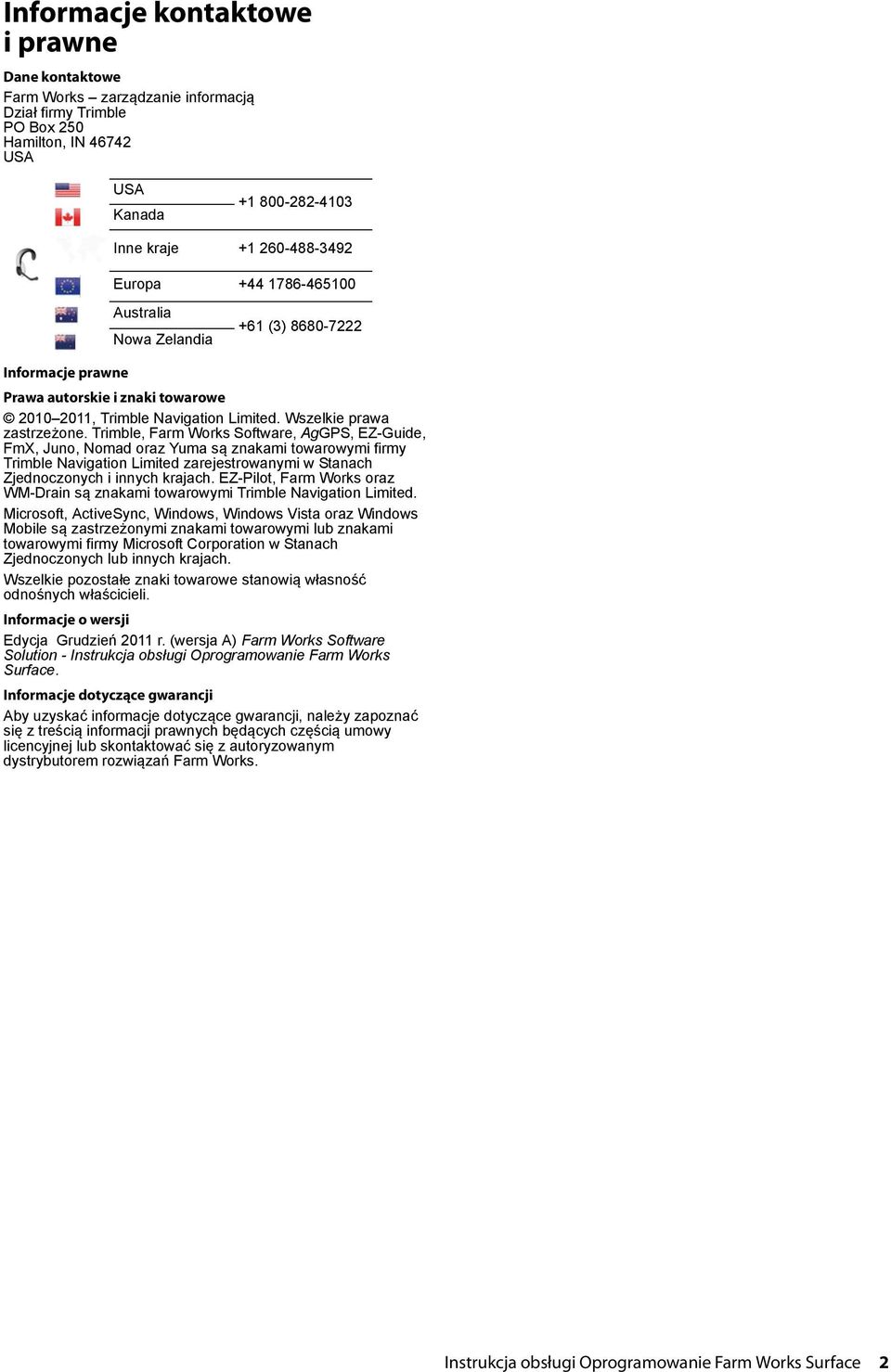 Trimble, Farm Works Software, AgGPS, EZ-Guide, FmX, Juno, Nomad oraz Yuma są znakami towarowymi firmy Trimble Navigation Limited zarejestrowanymi w Stanach Zjednoczonych i innych krajach.