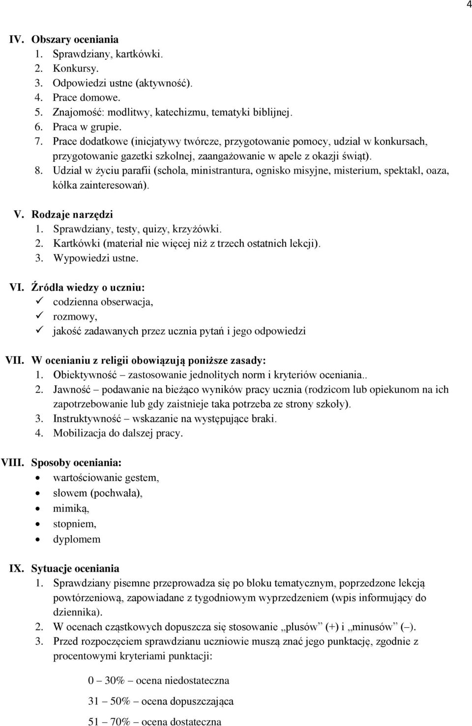 Udział w życiu parafii (schola, ministrantura, ognisko misyjne, misterium, spektakl, oaza, kółka zainteresowań). V. Rodzaje narzędzi 1. Sprawdziany, testy, quizy, krzyżówki. 2.