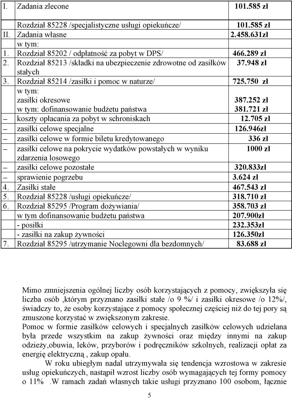 750 zł w tym: zasiłki okresowe w tym: dofinansowanie budżetu państwa 387.252 zł 381.721 zł koszty opłacania za pobyt w schroniskach 12.705 zł zasiłki celowe specjalne 126.