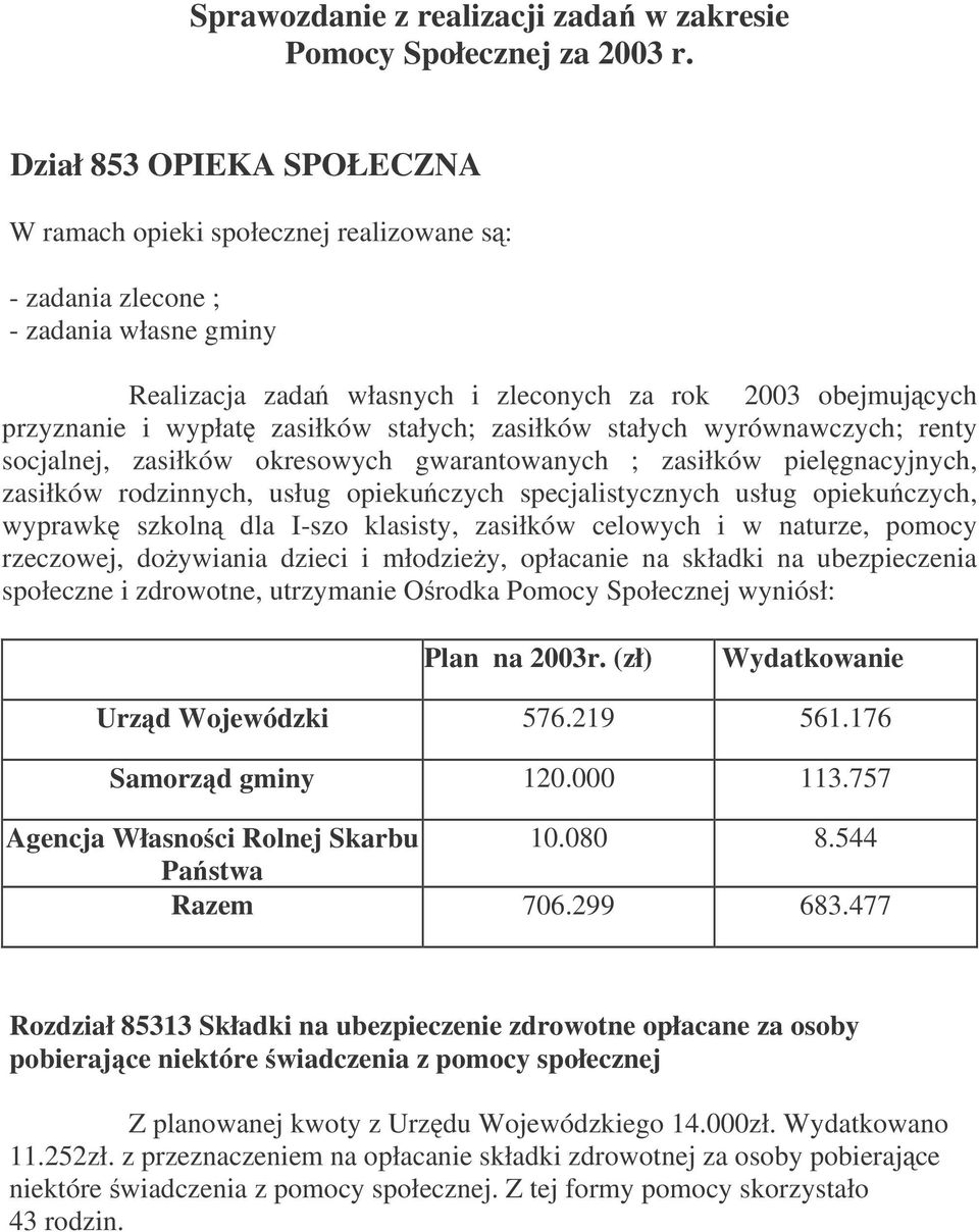 zasiłków stałych; zasiłków stałych wyrównawczych; renty socjalnej, zasiłków okresowych gwarantowanych ; zasiłków pielgnacyjnych, zasiłków rodzinnych, usług opiekuczych specjalistycznych usług