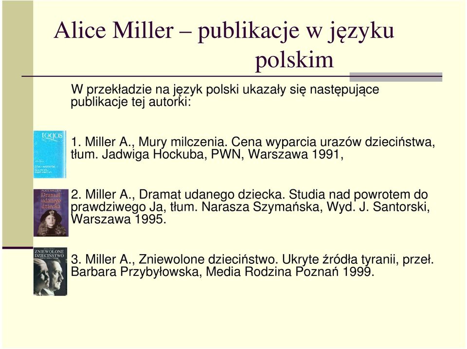 Studia nad powrotem do prawdziwego Ja, tłum. Narasza Szymańska, Wyd. J. Santorski, Warszawa 1995. 3. Miller A.