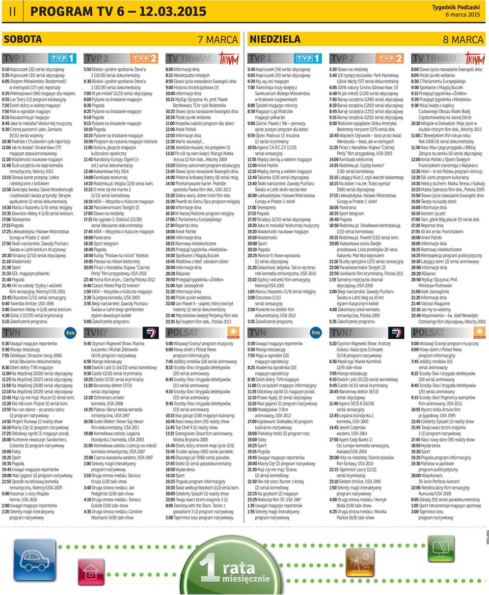 metropolii (17) cykl reportaży 6:35 Pełnosprawni (96) magazyn dla niepełn. 6:55 Las Story (11) program edukacyjny 7:20 Dzień dobry w sobotę magazyn 7:50 Rok w ogrodzie magazyn 8:15 Naszaarmia.