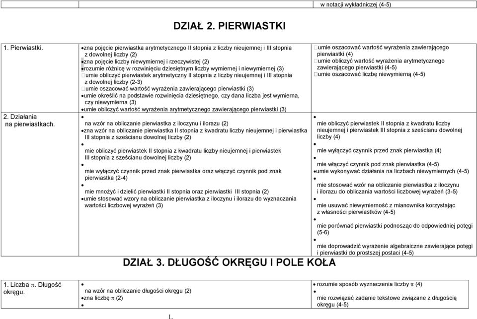 niewymiernej (3) mie oblicyć pierwiastek arytmetycny II stopnia licby niejemnej i III stopnia dowolnej licby (2-3) mie osacować wartość wyrażenia awierającego pierwiastki (3) mie określić na