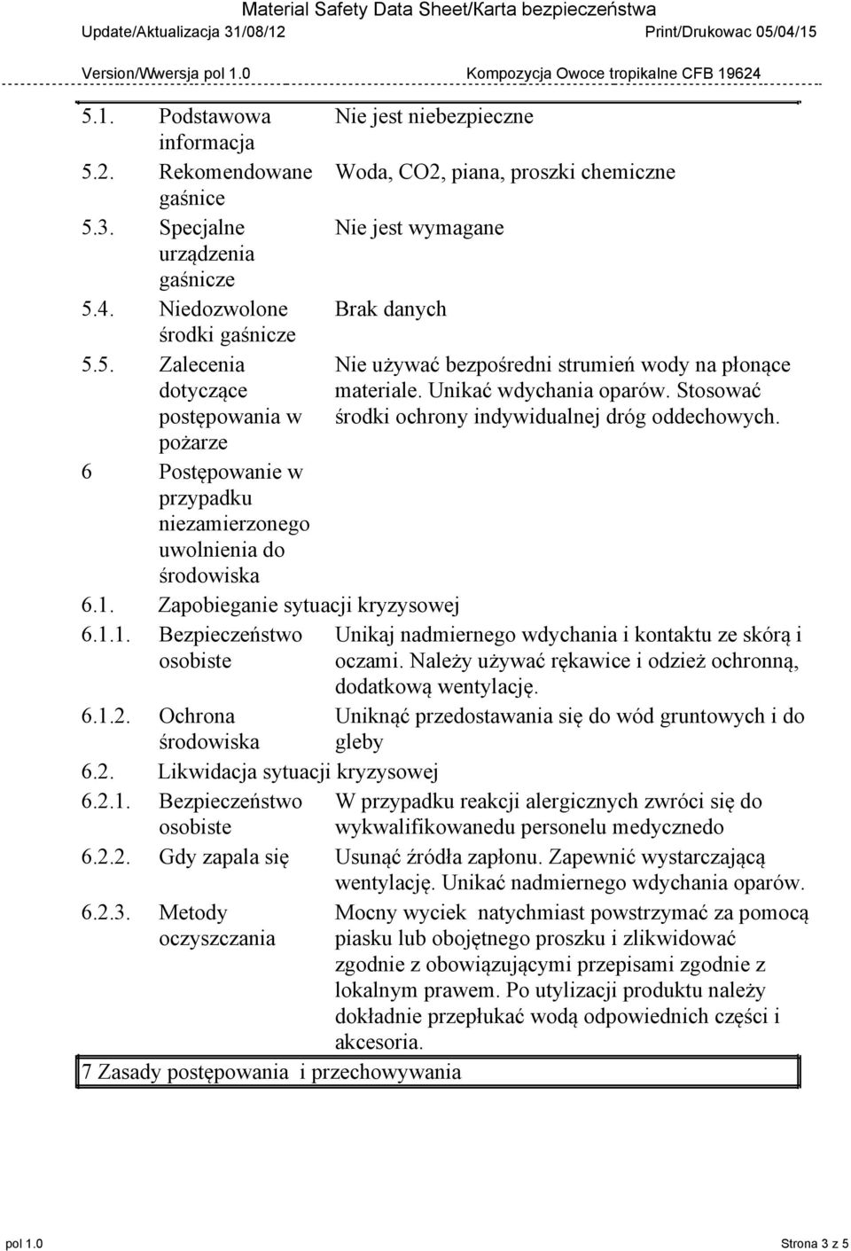 Stosować środki ochrony indywidualnej dróg oddechowych. pożarze 6 Postępowanie w przypadku niezamierzonego uwolnienia do 6.1.