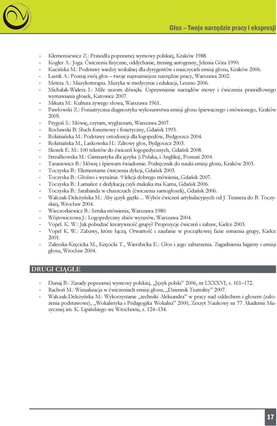 Muzyka w medycynie i edukacji, Leszno 2006. - Michalak-Widera I.: Miłe uszom dźwięki. Usprawnienie narządów mowy i ćwiczenia prawidłowego wymawiania głosek, Katowice 2007. - Mikuta M.