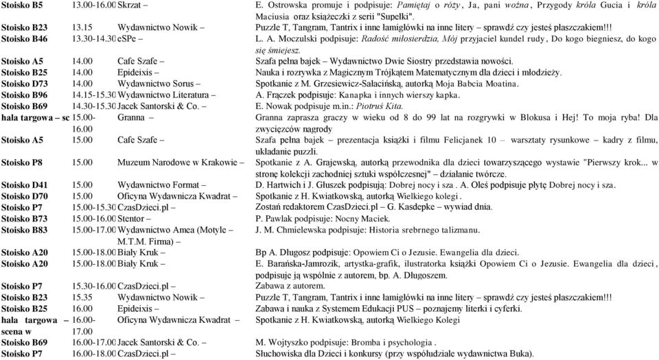 00 Cafe Szafe Szafa pełna bajek Wydawnictwo Dwie Siostry przedstawia nowości. Stoisko B25 14.00 Epideixis Nauka i rozrywka z Magicznym Trójkątem Matematycznym dla dzieci i młodzieży. Stoisko D73 14.